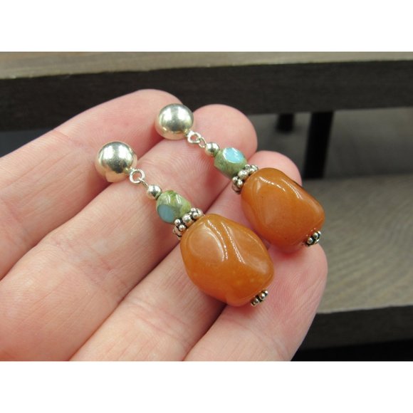 Sterling Silver Orange Semi Precious Stone Large Earrings Vintage Wedding - Picture 2 of 7